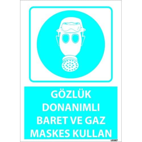 Gözlük Donanımlı Baret Ve Gaz Maskesi Kullan Levhası 25x35 cm