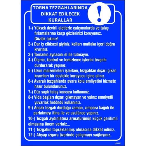 Torna Tezgahlarında Dikkat Edilecek Kurallar Levhası 25x35 cm