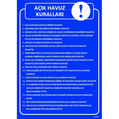 Açık Havuz Kuralları Levhası 25x35 cm
