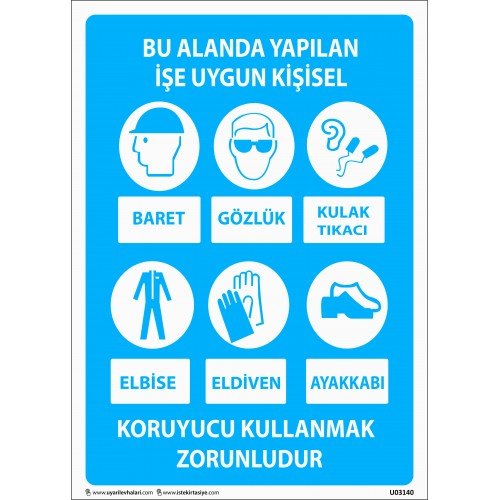 Bu Alanda Yapılan İşe Uygun Kişisel Baret Gözlük Kulak Tıkacı Elbise Eldiven Ayakkabı Koruyucu Kullanmak Zorunludur Levhası 25x35 cm