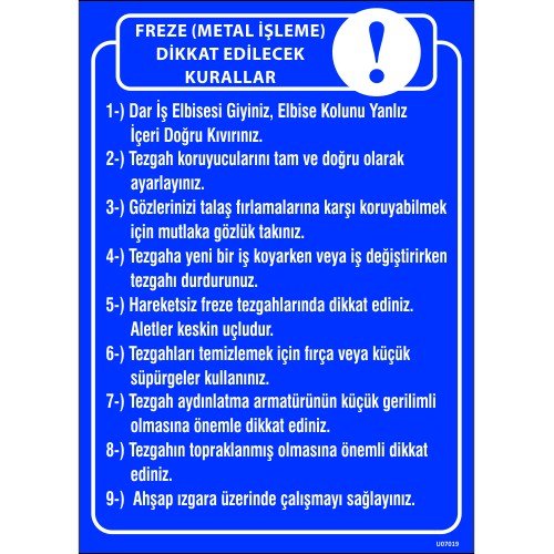 Freze (Metal İşleme) Dikkat Edilecek Kurallar Levhası 25x35 cm