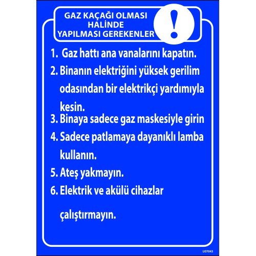 Gaz Kaçağı Olması Halinde Yapılması Gerekenler Levhası 25x35 cm