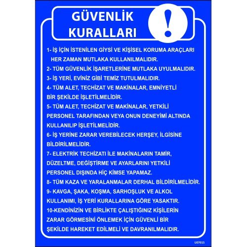 Güvenlik Kuralları Levhası 25x35 cm