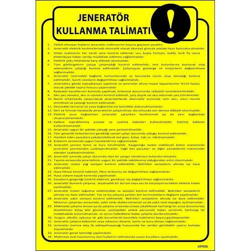 Jeneratör Kullanma Talimatı Levhası 25x35 cm