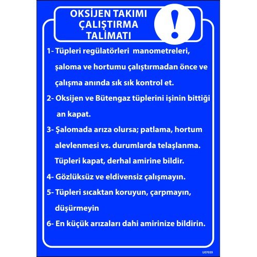 Oksijen Takımı Çalıştırma Talimatı Levhası 25x35 cm