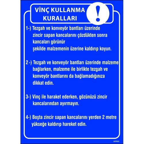 Vinç Kullanma Kuralları Levhası 25x35 cm