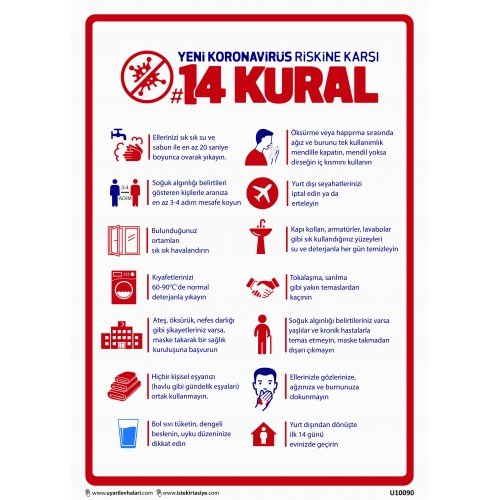 Yeni Koronavirüs Riskine Karşı 14 Kural Levhası 25x35 cm